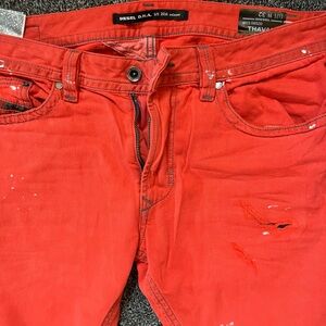 Diesel Men's Slim Straight Jeans in Bright Red with Paint Splatter